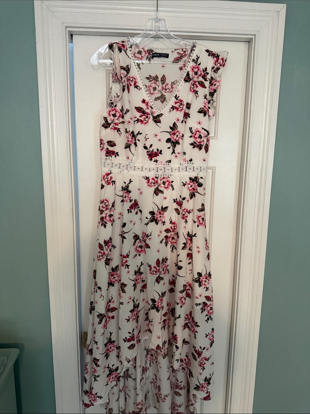 SHEIN White High-Low Maxi Dress with Pink Floral Print